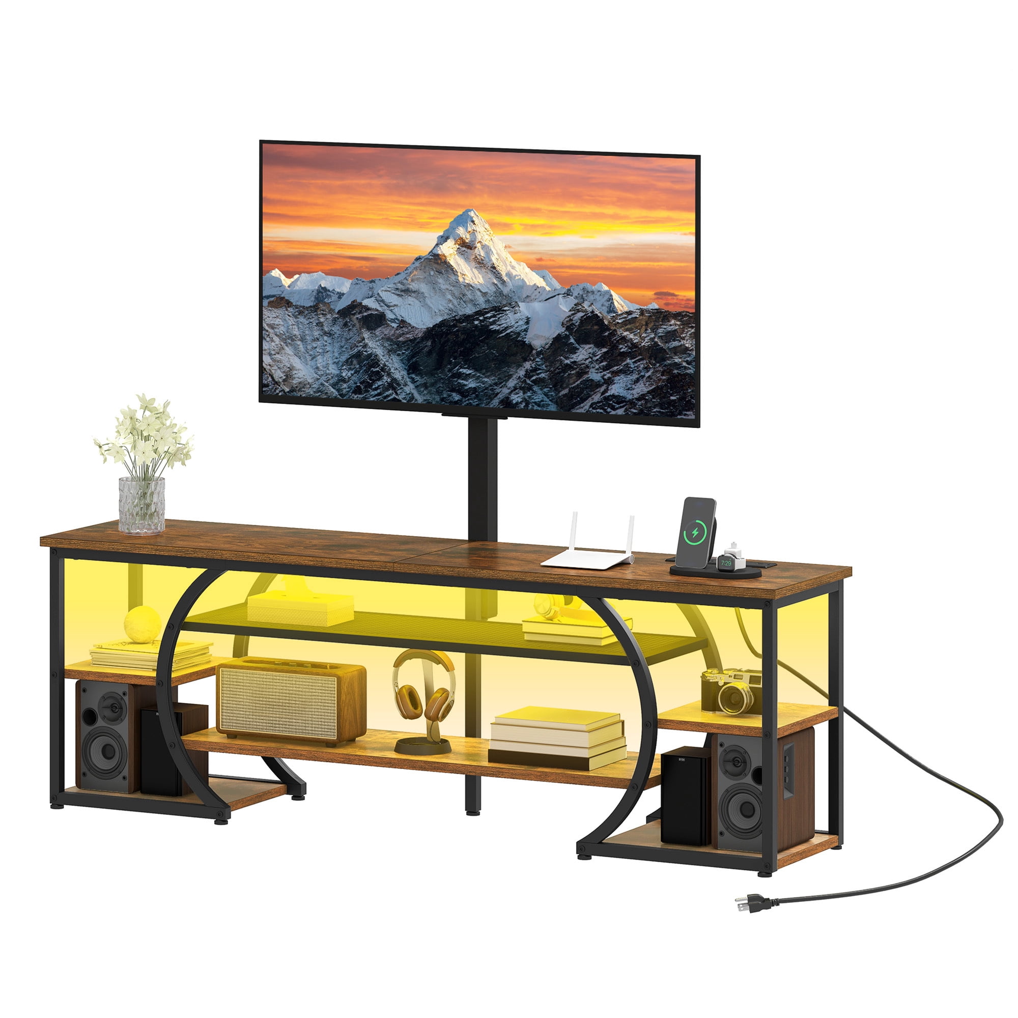Uforic TV Stand for 65"/70" TVs, LED Entertainment Center with Mount & Power Outlets, TV Media Console Table,Rustic Brown