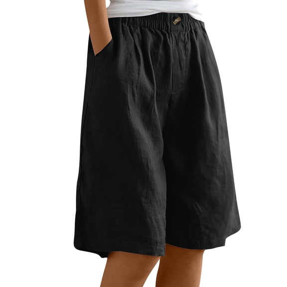 Dwellite Cotton Linen Shorts for Women Summer Bermuda Shorts Elastic Waist Wide Leg Shorts Knee Length Pants with Pockets Black 2XL