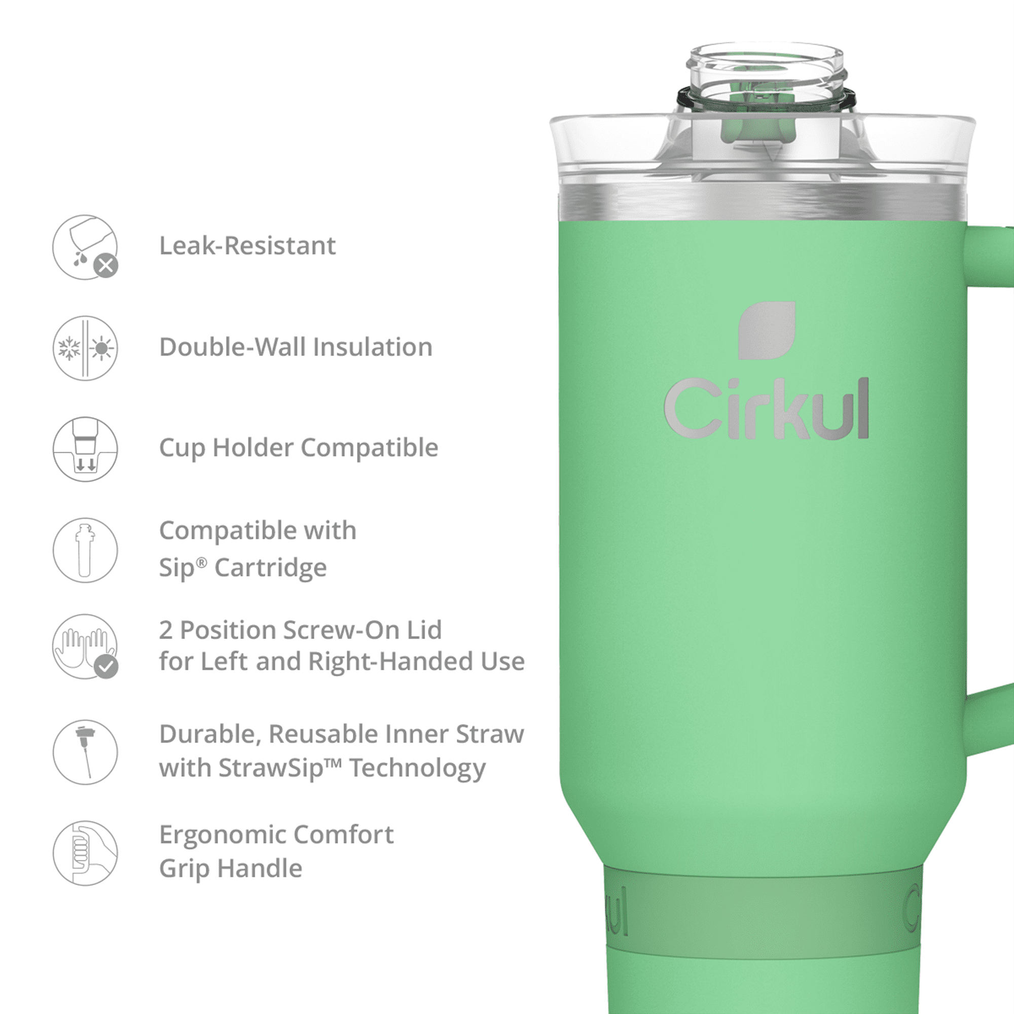 (2 pack) Cirkul 40oz All-Day StrawSip Double-Wall Insulated Stainless Steel Tumbler with Handle, Eucalyptus (Light Green)