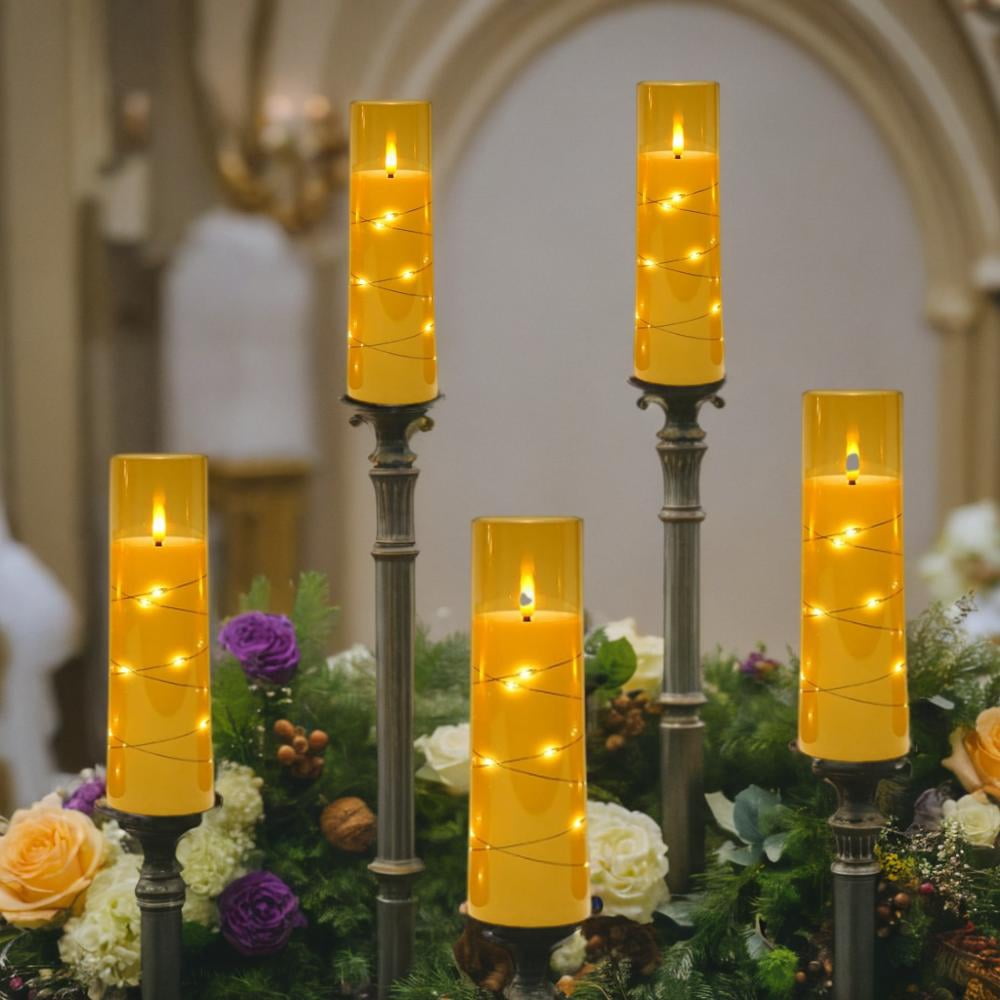 Flameless LED Candles with Timer 5 Pc Flickering Flameless Candles for Romantic Ambiance and Home Decoration Stable Acrylic Shell,with Embedded Star String，Battery Operated Candles