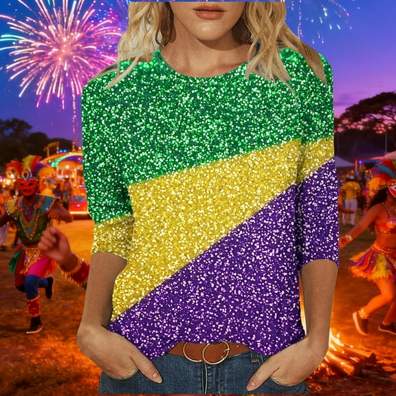 Mardi Gras Shirt Women Casual Funny Graphic 3/4 Sleeve Party Tee Shirts Round Neck Loose Fitted Festival Tops Trendy Mardi Gras Outfits 2026
