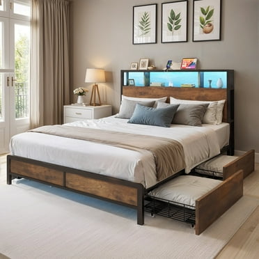 ModFusion Modern Queen Bed Frame with LED Lights, Storage Headboard, Charging Station, 4 Under-Bed Drawers, Brown
