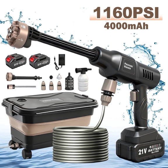 BAOKALER Portable Pressure Washer with Foldable Water Contain (Black), 1160PSI High Power Washer, 21V Cordless with 4.0Ah Dual Batteries & 6-in-1 Nozzle for Car, Patio, Fence, Deck, Driveway Cleaning