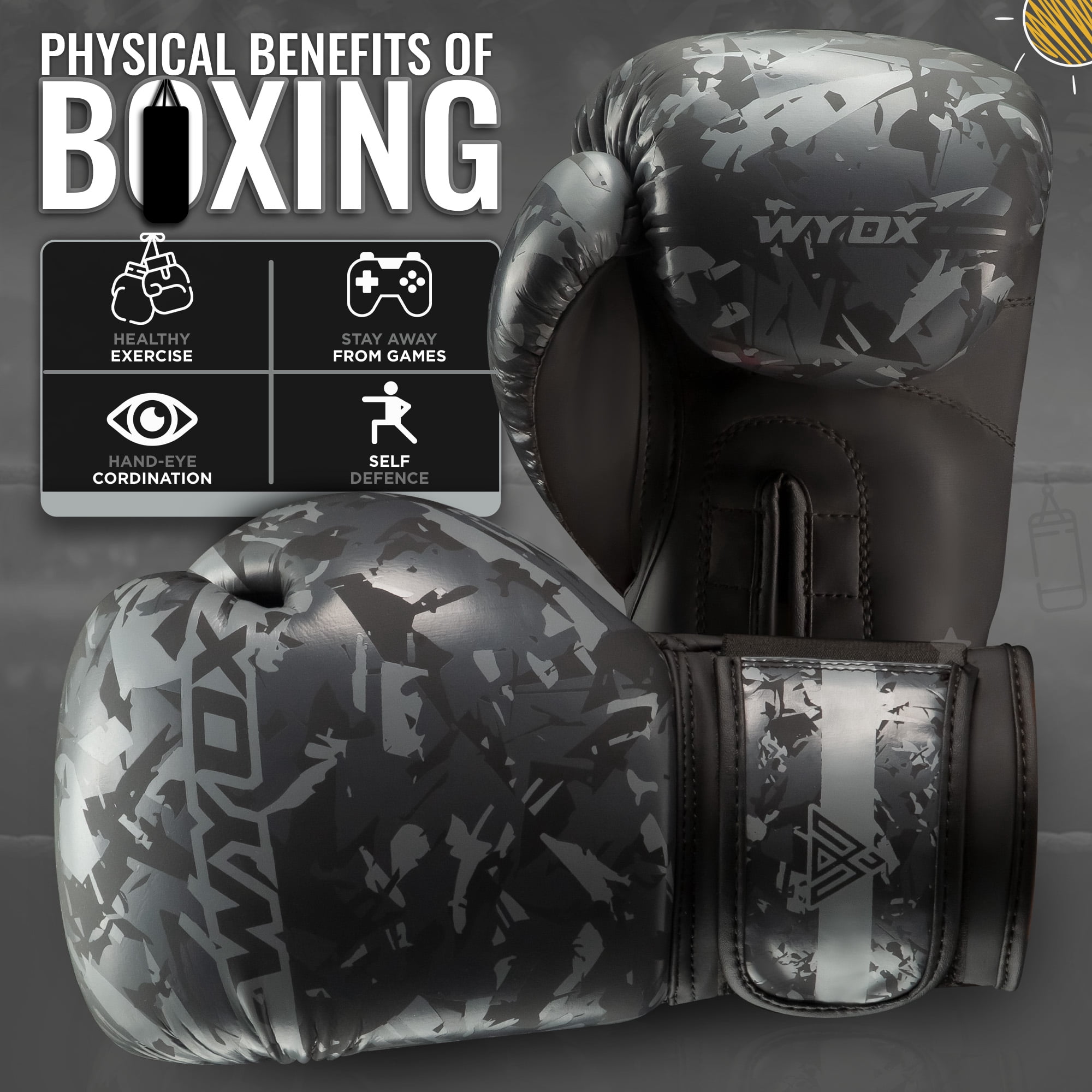 WYOX 8oz Kids Boxing Gloves – Grey Camo | Punching, Strength Training, Martial Arts, Muay Thai, Youth Sparring Gloves