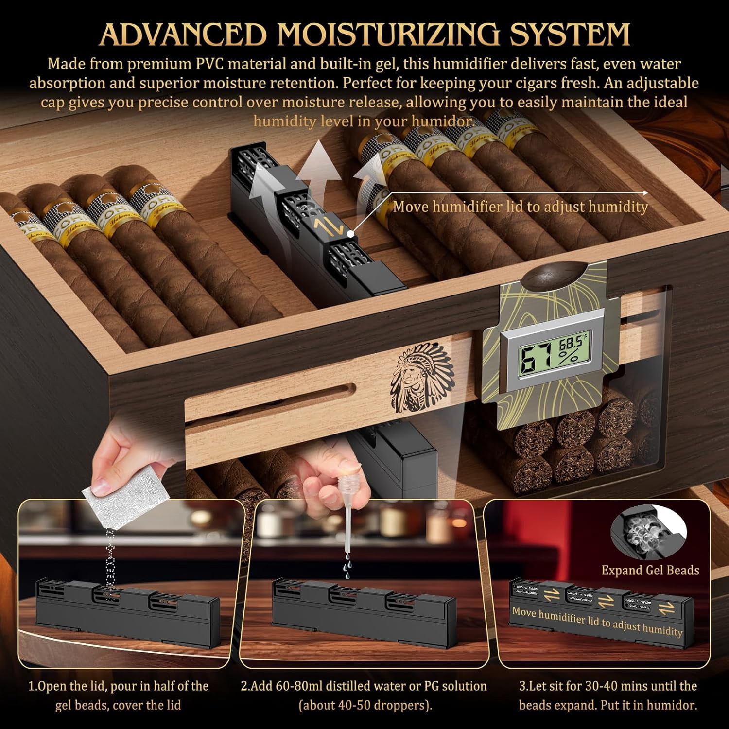 Large Cedar Wood Cigar Humidor Box with Digital Hygrometers and Travel Tubes