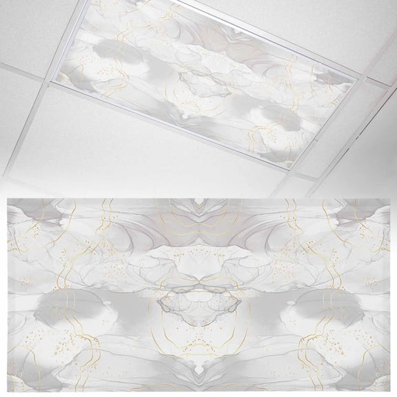 Ceiling Light Cover for Classroom, Grey Abstract Marble Texture Magnetic Fluorescent Light Covers Filter for School,Office, 2X4  FT, Pack of 1, Modern Gold Line White