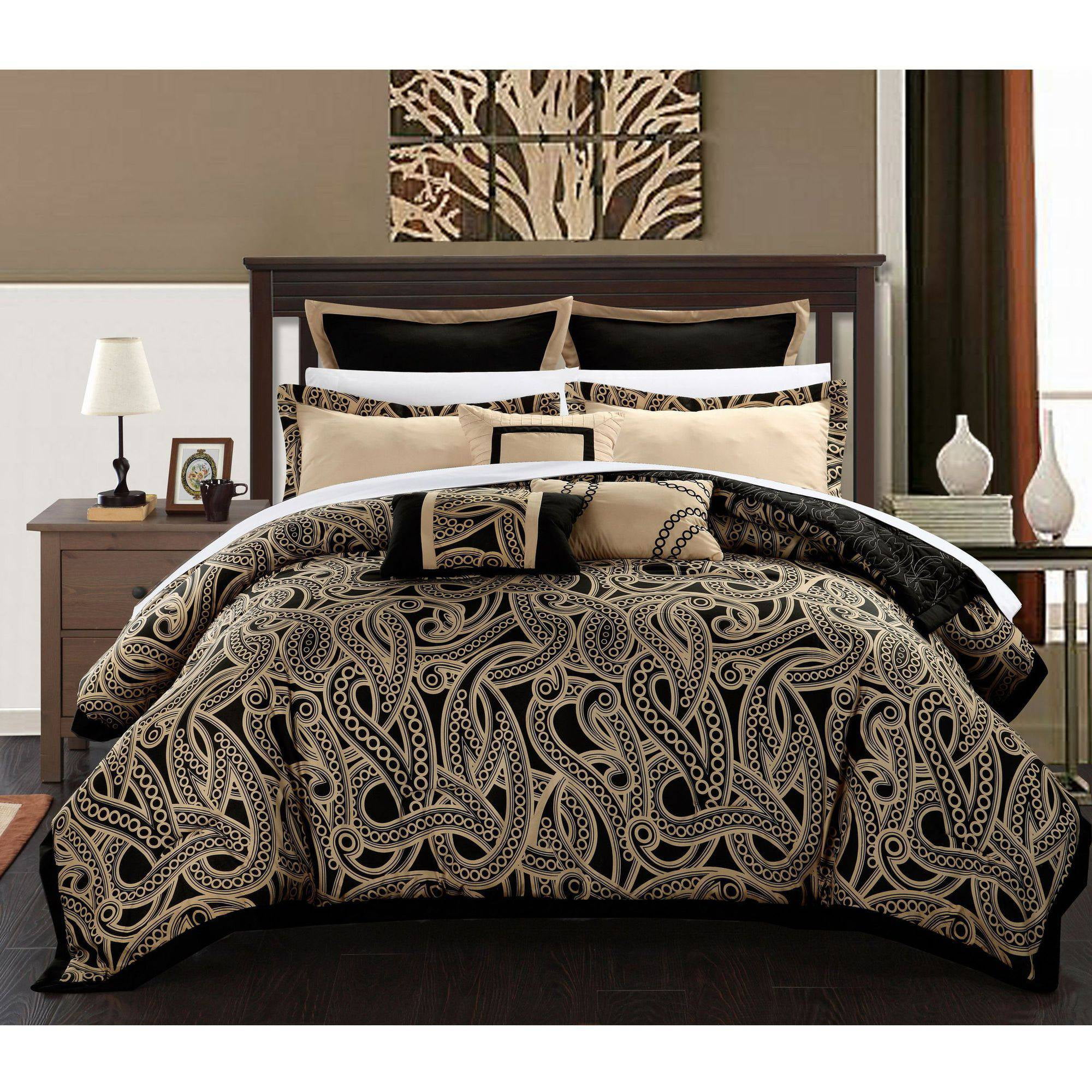 Chic Home Tullia 12-Piece Reversible Paisley Comforter Set, King, Black