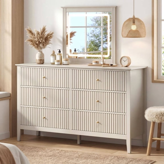 6 Drawer Dresser with Lighted Mirror, Beige Fluted Modern Wood Chest of Drawers, Long Dresser for Bedroom Storage