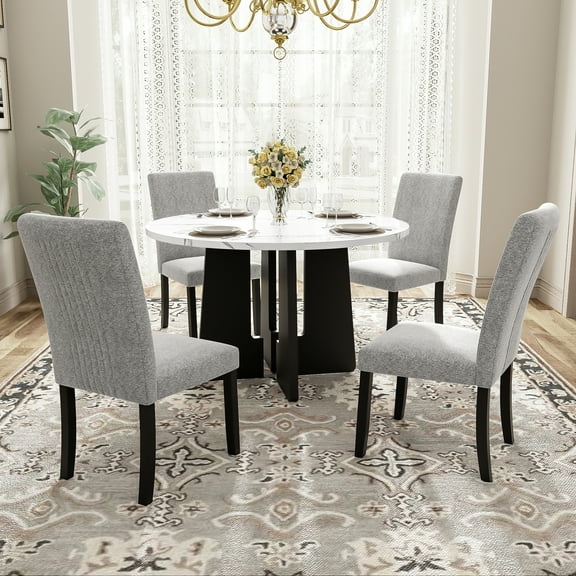 5-Piece Round Dining Table Set: 43" Marble Veneer MDF Table & 4 Upholstered Linen Chairs for Dining Room/Kitchen - Modern Style, Easy Assembly, White Gray