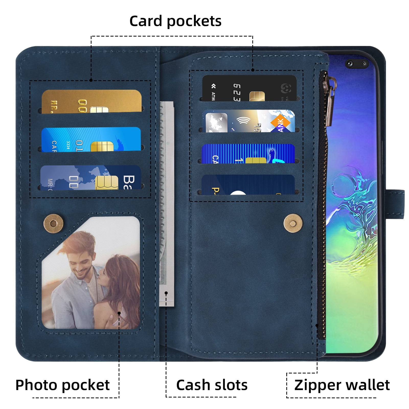 Asuwish Phone Case for Samsung Galaxy S10 Plus Wallet Cover With Tempered Glass Screen Protector Crossbody Wrist Strap Flip Pattern Zipper Card Holder Cell S10+ S10plus 10S Edge S 10 10plus Men Blue