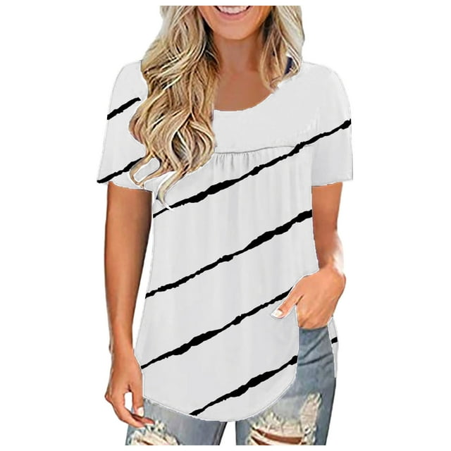 Pompotops Fashion Womens Lace Pachwork Printed Short Sleeve O-Neck Casual Tops Blouse