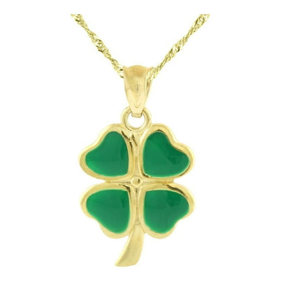 14K Yellow Gold Four Leaf Clover Shamrock Enameled Pendant Necklace with Chain for Women