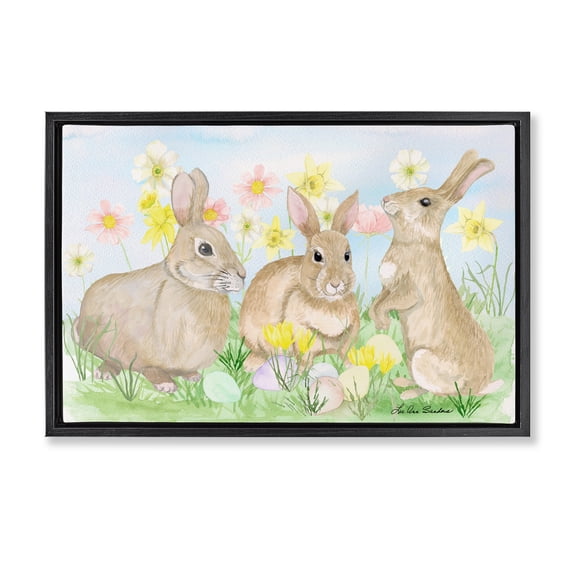 Three Bunnies In The Grass Black Framed Floater Canvas Wall Art, design by Lee Ann Sanders
