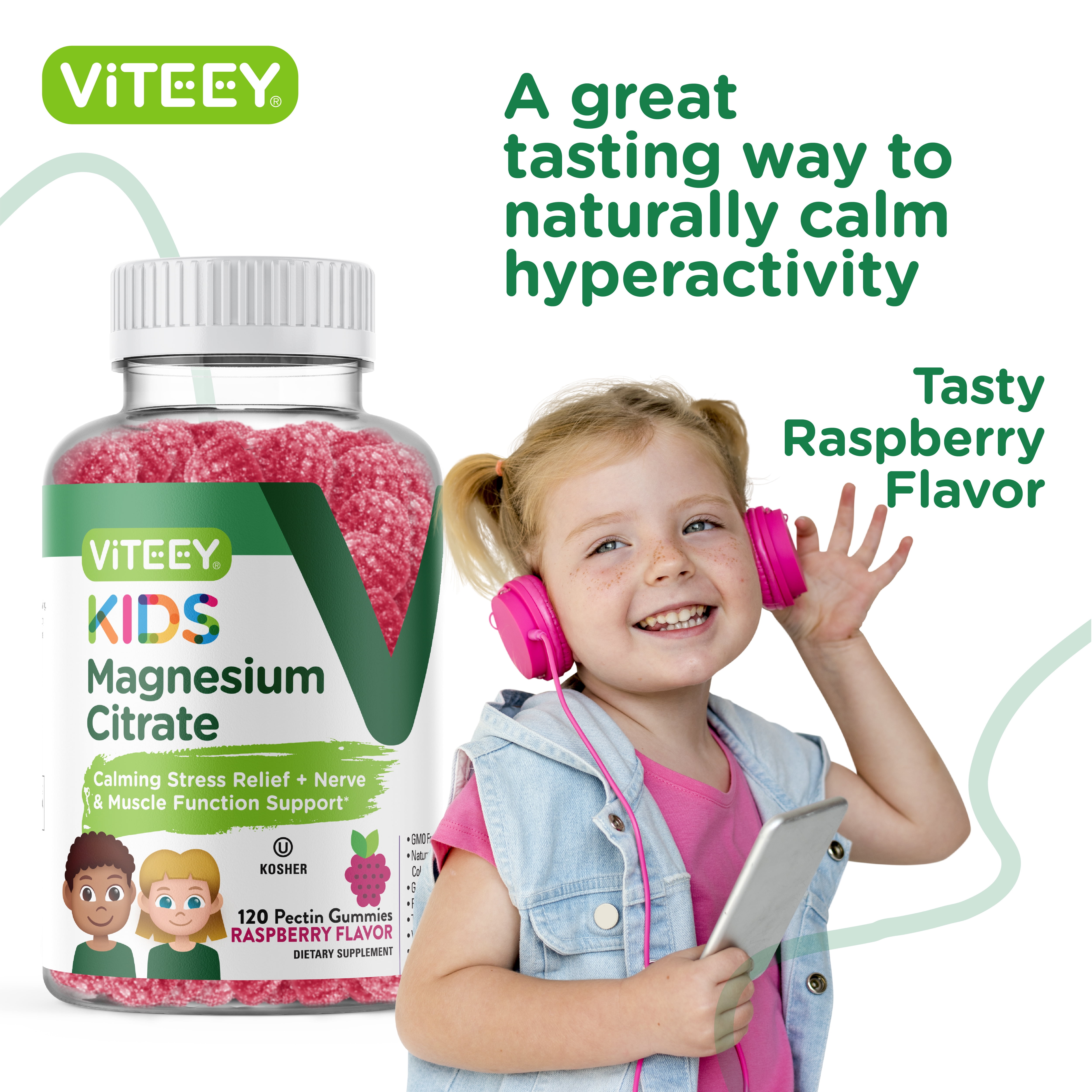 Viteey Kids Magnesium Gummies, Calm Magnesium Supplements, Raspberry Flavor, 120ct