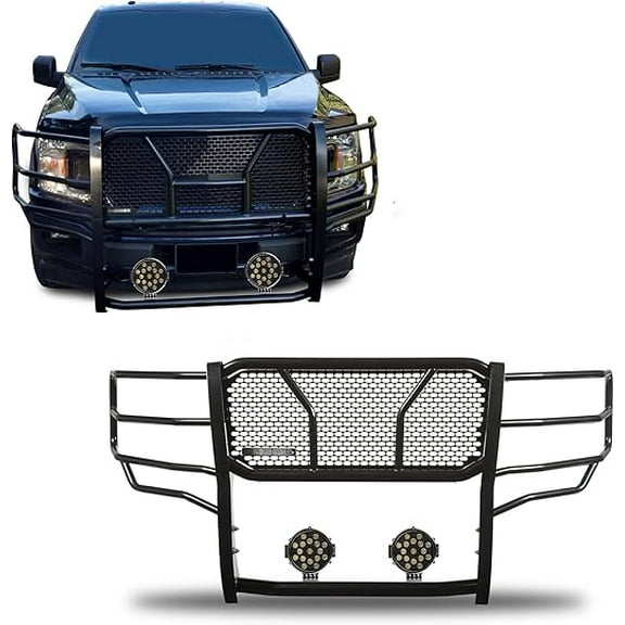 Black Horse RUGGED Heavy Duty Grille Brush Bumper Guard Modular Black Come With pair of 7.0"Dia.LED Lights with Black Trim Rings Compatible with 2015-2020 Ford F-150-RU-FOF115-B-PLB