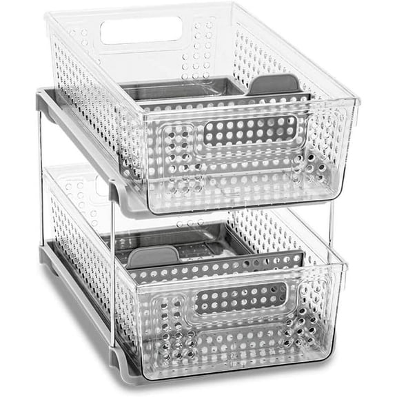Madesmart Premium 2-Tier Organizer, Multi-Purpose Slide-Out Storage with Handles for Home and Bath, Clear