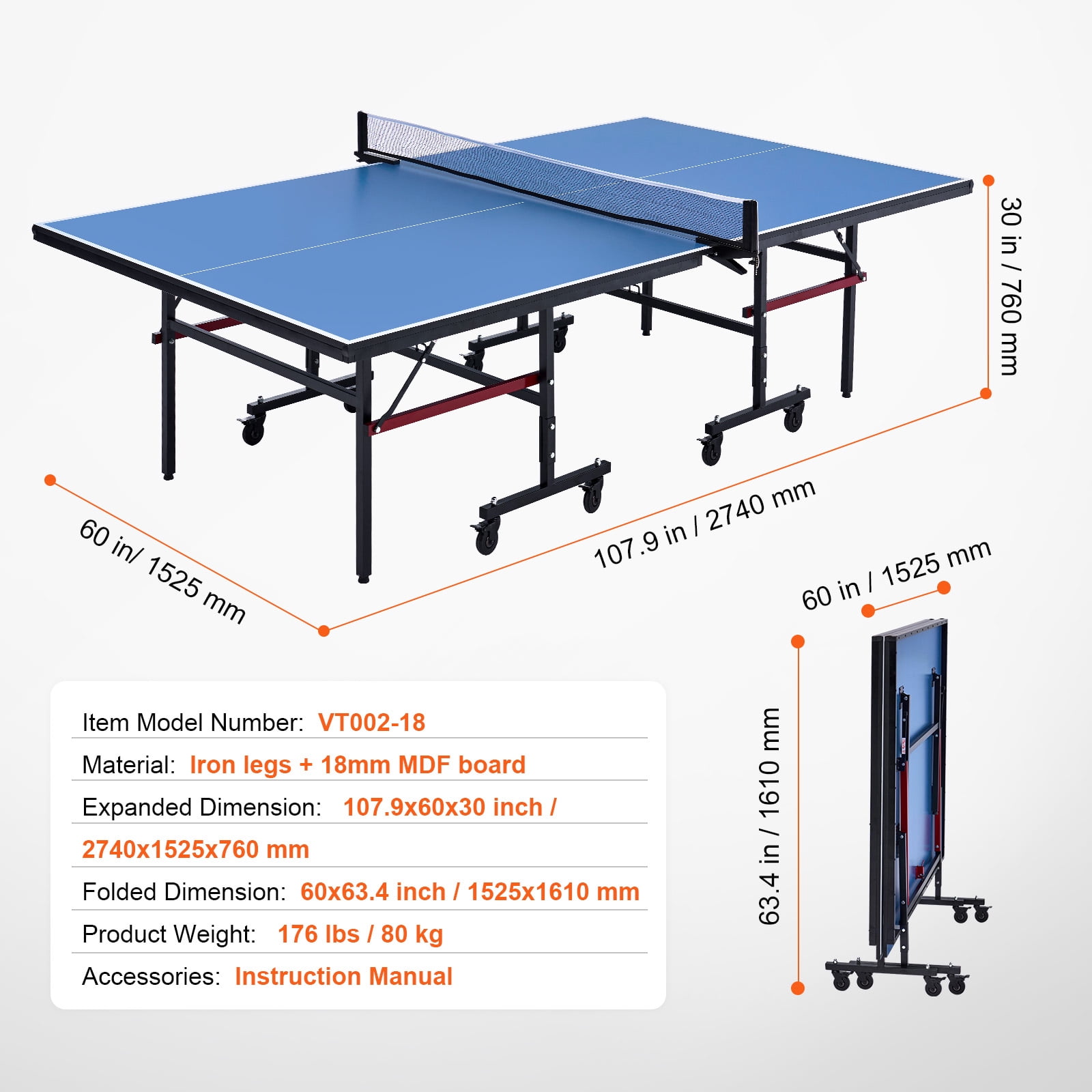 KFFKFF Foldable Indoor Table Tennis Table with Quick Clamp Net, Lockable Wheels, and 18mm Surface, Easy 10-Minute Assembly for Professional Play