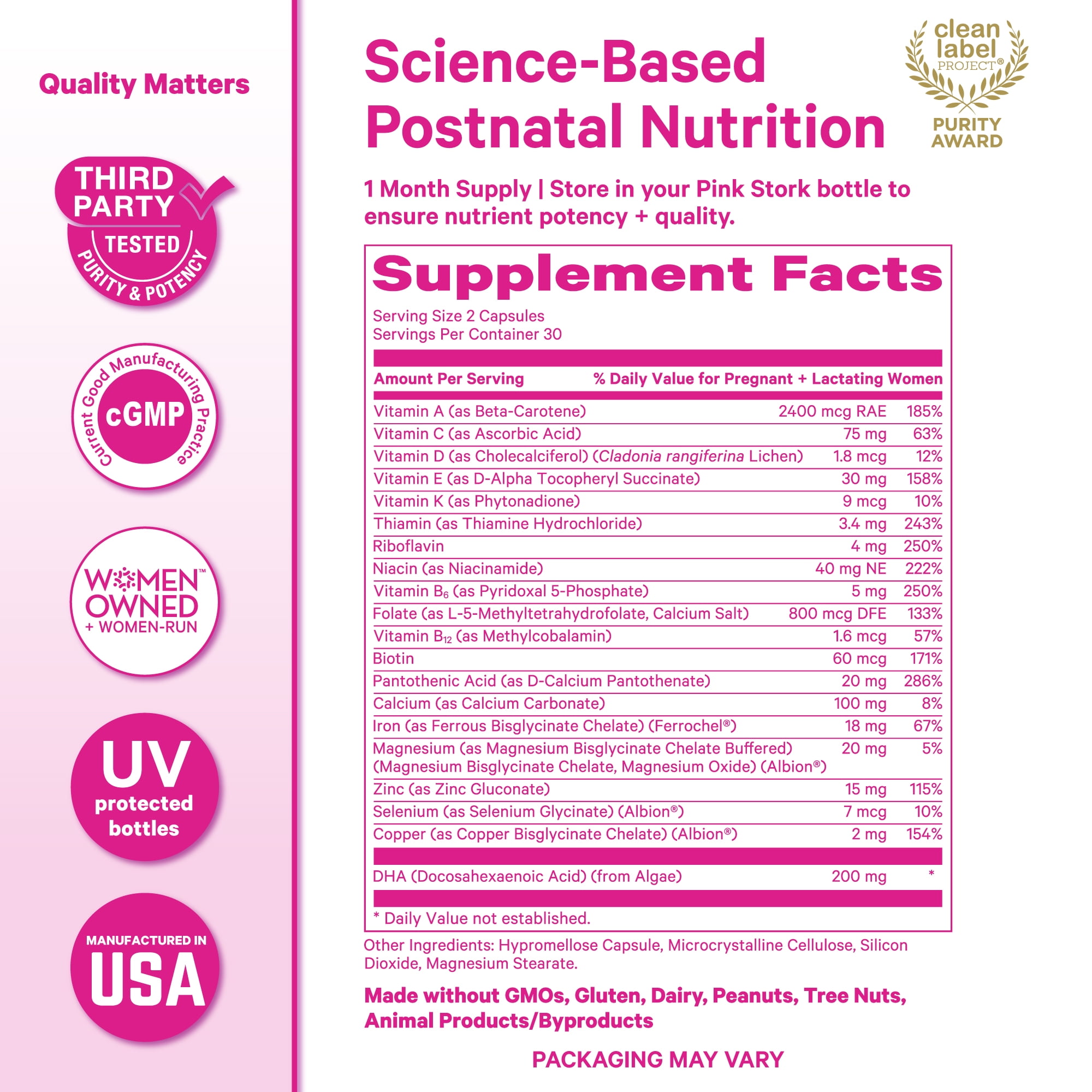 Pink Stork Postnatal Multivitamin for Breastfeeding Moms, 60ct - Vegan DHA, Iron, Folate, and Vitamin B12