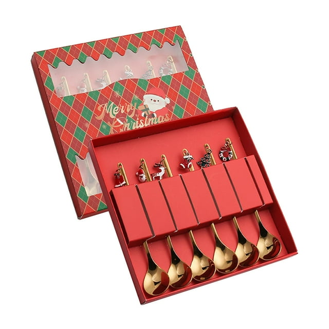 4Pcs Christmas Tableware with Gift Box Creative Stainless Steel Spoons Forks for Spoon Red Box
