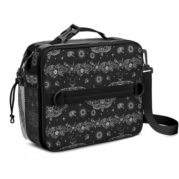 Moth and Flower Gothic Pattern Insulated Lunch Bag with Shoulder Strap and Bottle Holder,Bento School Lunch Bag Box,11x9.5x3.5 Inches