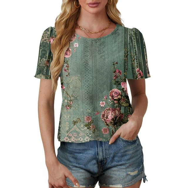 Atogsazn Haut à Manches Courtes pour Femmes Chemises Boho Florales Col Rond Plissé Tenue d'Été Blouses Tunique Décontractée Vêtements Gris P Mode