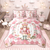 Manfei Christmas Nutcracker Twin Bedding Sets 7 Pieces, Girls Floral Blossom Bedding Comforter Set, Pink Buffalo Plaid Sheet Sets, Luxury Bedroom Decor