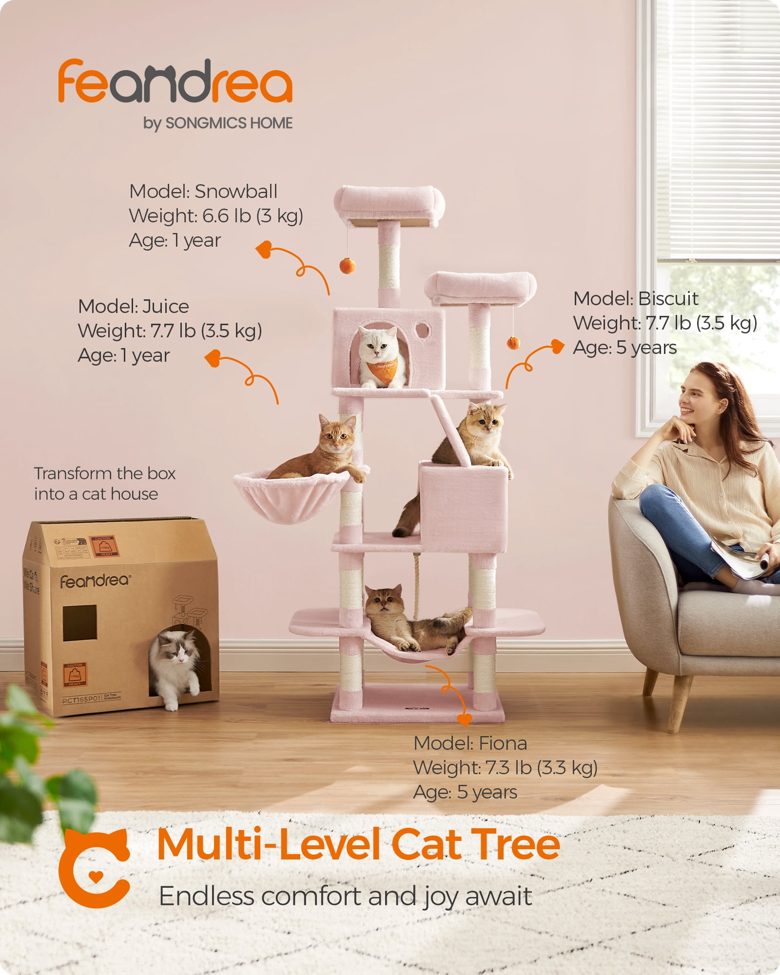 66.1"H Cat Tree Cat Tower for Indoor Cats, Plush Multi-Level Cat Condo with Scratching Posts, Perches, Caves, Hammock, Jelly Pink