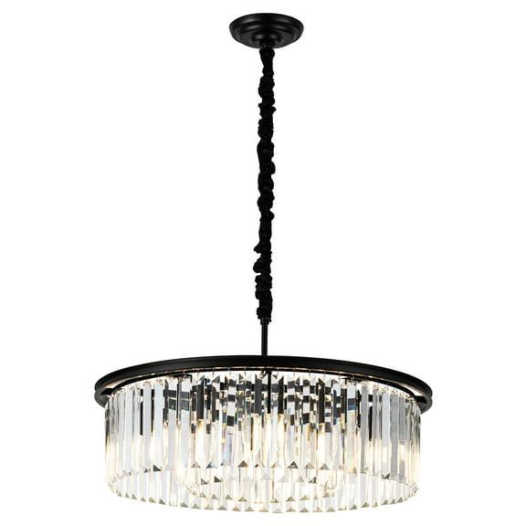 Wozzio Black Modern Crystal Chandelier, 2-Tier Round Flush Mount Ceiling Light Fixtures Height Adjustable Pendant Lighting For Dining Room Living Room Bedroom Hotel Foyer, Bulb Not Included