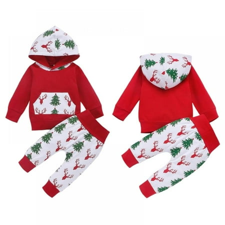 

BULLPIANO Toddler Boys Christmas Tree Print Spring Fall Hoodie Sets Kids Sweatshirts Long Sleeve Pullover Shirts +Pants 0-24 Months