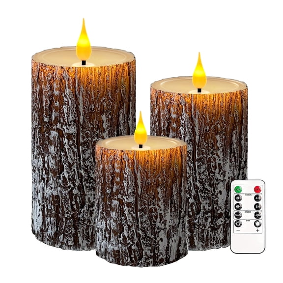 Flameless Candles Lights, Set of 3 Flickering LED Candles with Remote & Timer, Dimmable Pine Bark Pillar Candles Battery Operated, Electric Candles for Home Winter Christmas Decor