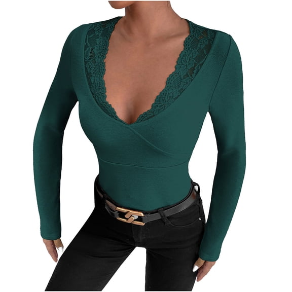 Womens Ribbed Fitted Tight Tshirt Deep V Neck Lace Blouses Long Sleeve Slim Fit Basic Shirts Solid Comfy Tee Tops
