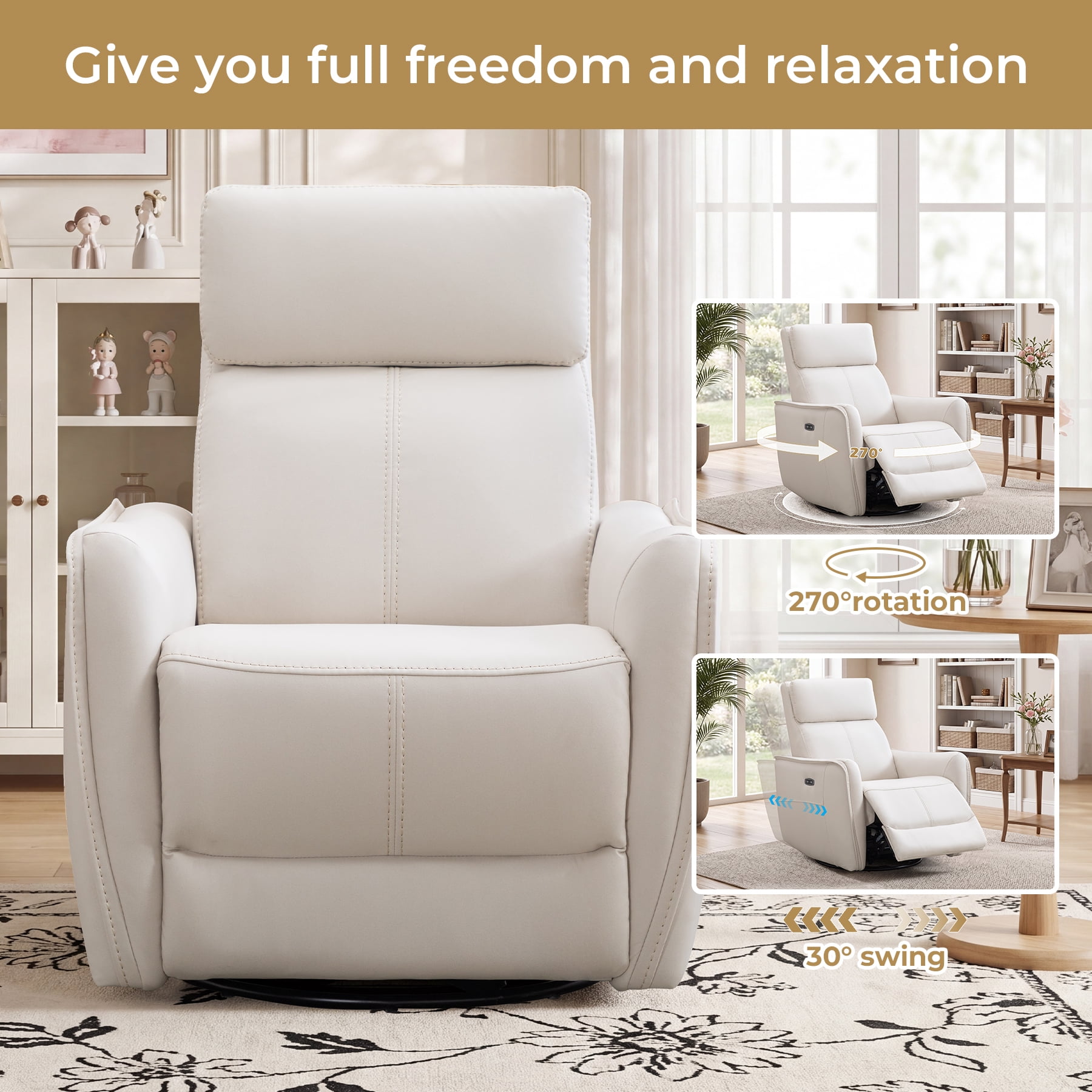 Ebello Power PU Leather Swivel Rocker Recliner, Electric Swivel Glider Chair with USB & Type-C Ports for Nursery, Living Room, Beige