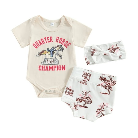 

Baby Girls Summer Jumpsuit Outfit Horse Print Short Sleeve Romper and Elastic Shorts Headband Set