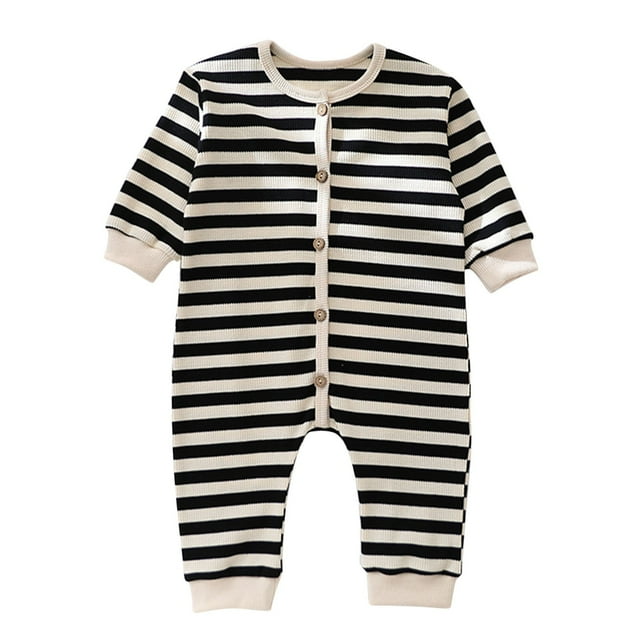 FAIWAD Unisex Baby Striped Cotton Romper Long Sleeve Round Neck Button Down Ribbed Jumpsuits