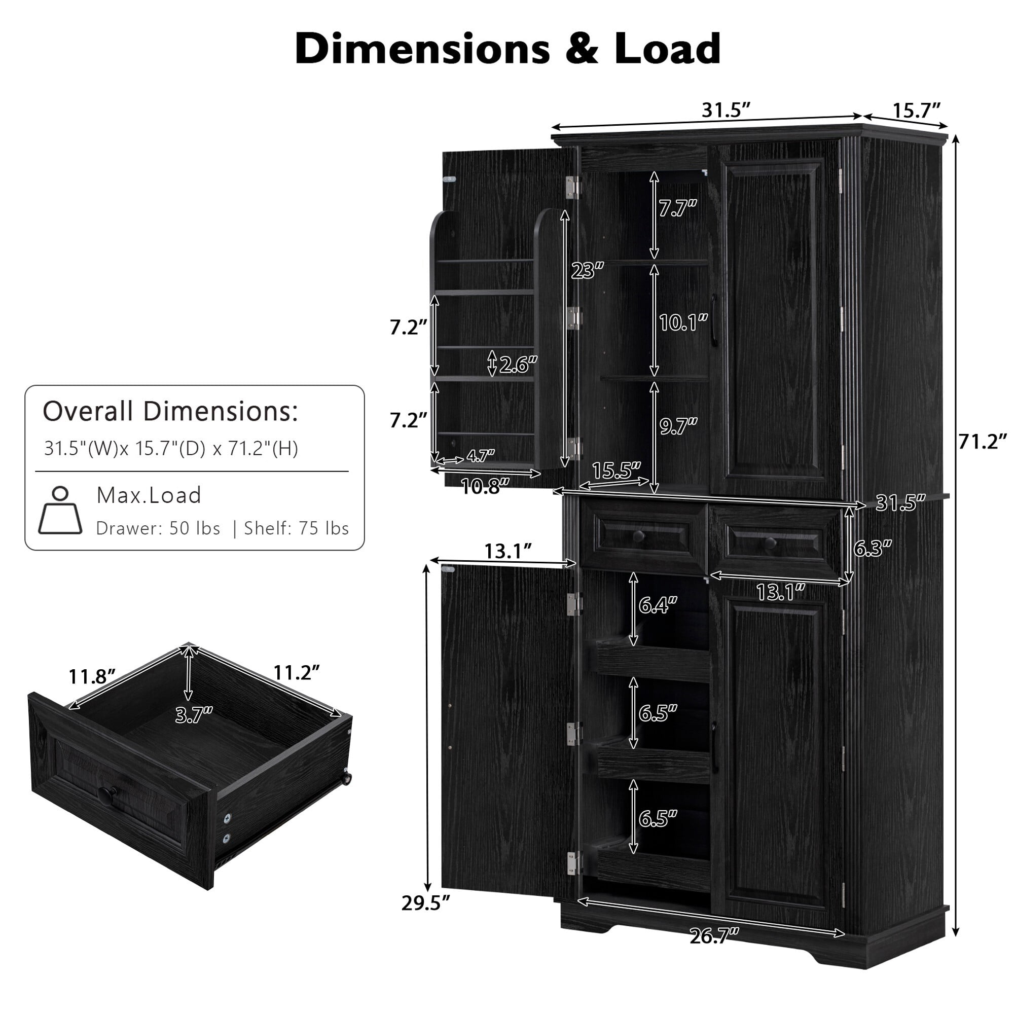 71" Tall Kitchen Pantry Cabinet with 3 Pull-Out Organizers, 6 Door Shelves, 2 Drawers, Farmhouse Embossed Texture, Freestanding Storage for Kitchen & Dining Room