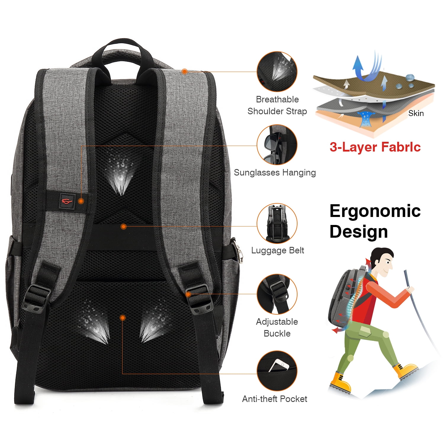 Besttravel Travel Backpack, 35L Flight Approved Carry On Laptops Bag, Business Backpack with USB Charging Port, Waterproof Casual Daypack for Women & Men Fits 15.6 Inch Laptop, Grey