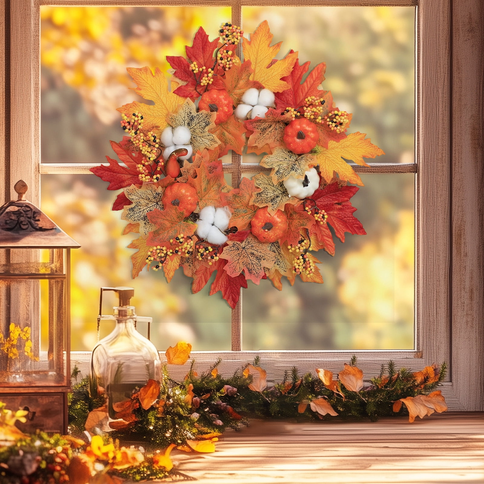 Fall Wreath For Front Door – 40cm Autumn Decor With White Pumpkins, Maple Leaves & Berries