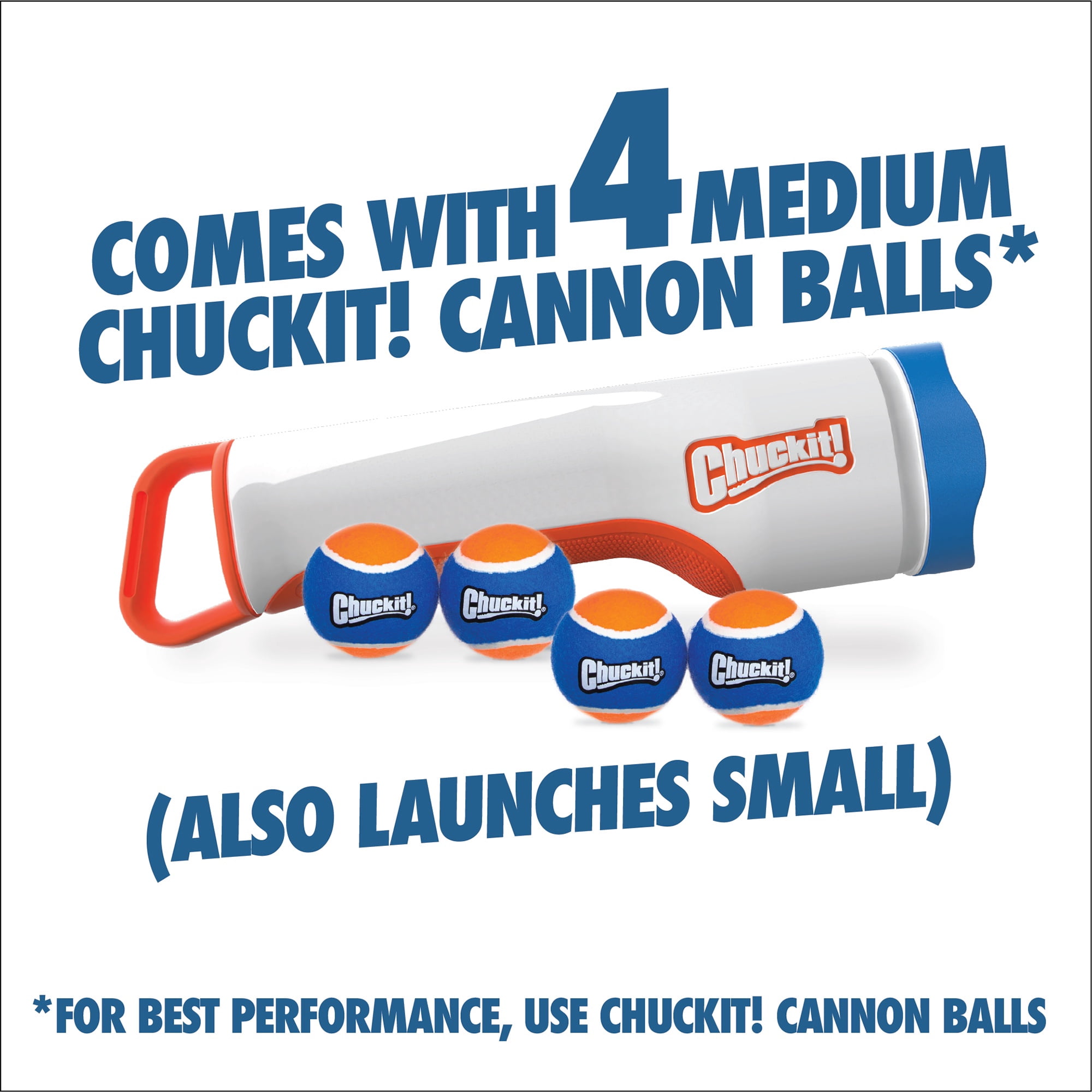 Chuckit! Cannon 16M Dog Ball Launcher Fetch Toy for Dogs, 16" Long Compatible with Small 2" and Medium 2.5" Balls, 4 Medium Balls Included