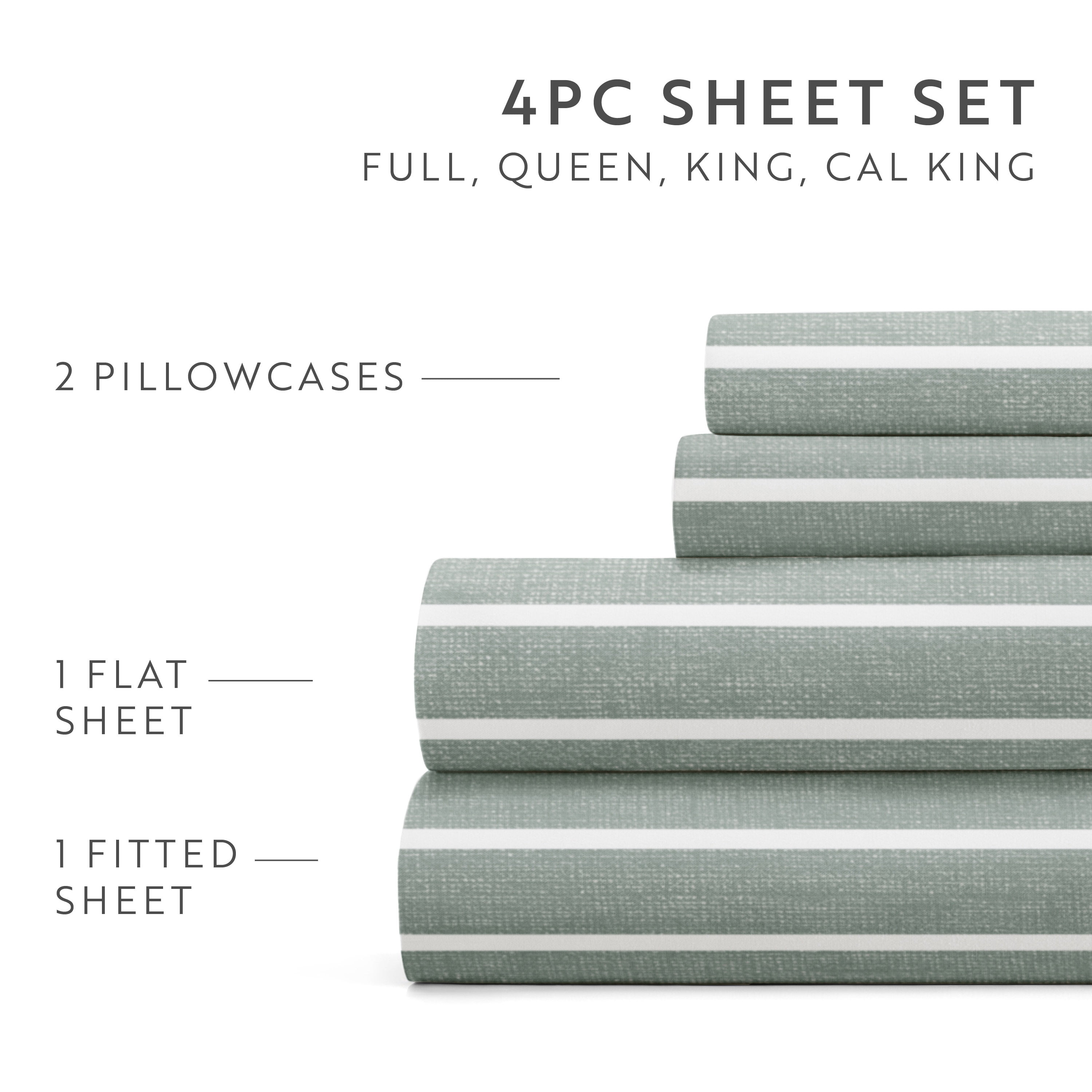 Noble Linens 4 Piece Pattern Microfiber Bed Sheet Sets, Soft Lines Eucalyptus, Cal King