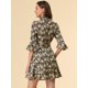 thumbnail image 4 of Vestido con volantes y volantes con cuello alto y manga acampanada 3/4 con cuello alto y fruncido floral para mujer Negro beige S, 4 of 6
