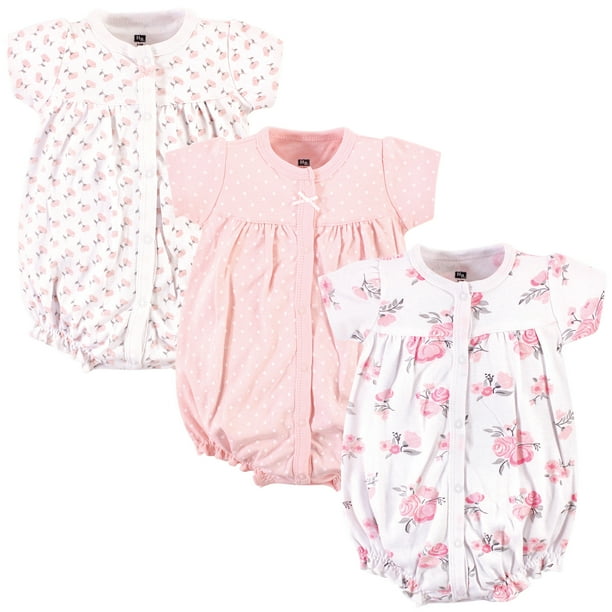 Hudson Baby Hudson Baby Girl Button Up Cotton Rompers, 3Pack