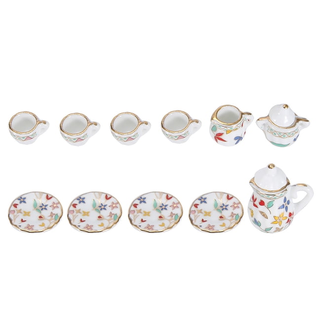 15pcs Tea Cup Set Miniature Porcelain Flower Dollhouse Kitchen Decor Collection with Brilliant Simulation for Tea Lovers