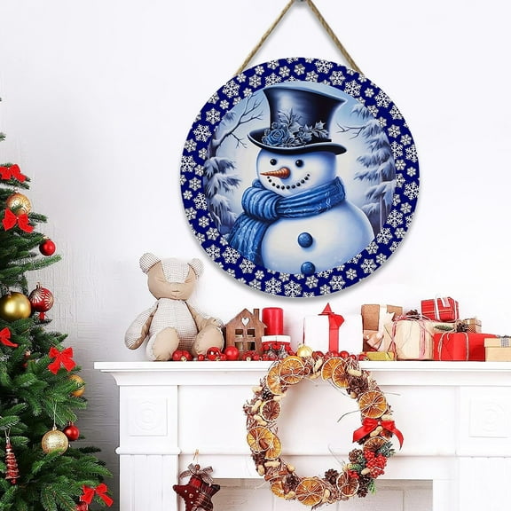 HongHeng Welcome Winter Blue Front Door Sign Winter Snowman Wood Door Hanger Outdoor Outside Porch Decor Blue Xmas Snowflake Holiday Wreath Wall Hanging Welcome Sign for Home