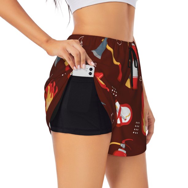 Balery Fire Extinguisher Pantalones cortos deportivos para mujer con forro y dos bolsillos, elásticos, para entrenamiento, gimnasio, yoga-Medium