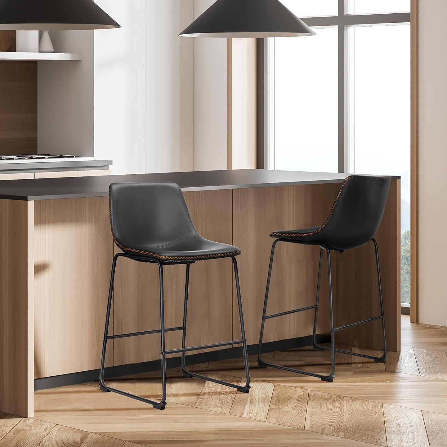 MAYEERTY 26 Inch Barstools High PU Leather Counter Bar Stool With Back and Footrest Set of 2, Black