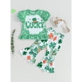 thumbnail image 2 of FEORJGP Kids Baby Girl Irish Day Outfits 9M 1T 2T 3T 4T Toddler Short Sleeve T-Shirt Letter Print Shirt Crew Neck Tops and Four-Leaf Clover Print Flare Pants Infant Cute Summer Clothes, 2 of 9