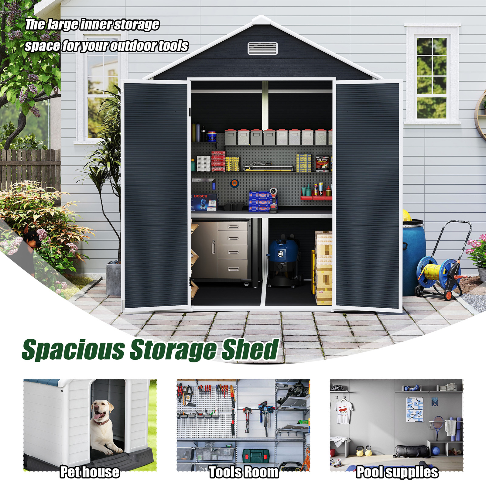 6x6 FT Resin Outdoor Storage Shed, Waterproof Plastic Garden Shed, Large Storage Space, Lockable Doors & Windows, Plastic Tool Shed, 12mm Thick PP Board (4X8 FT)