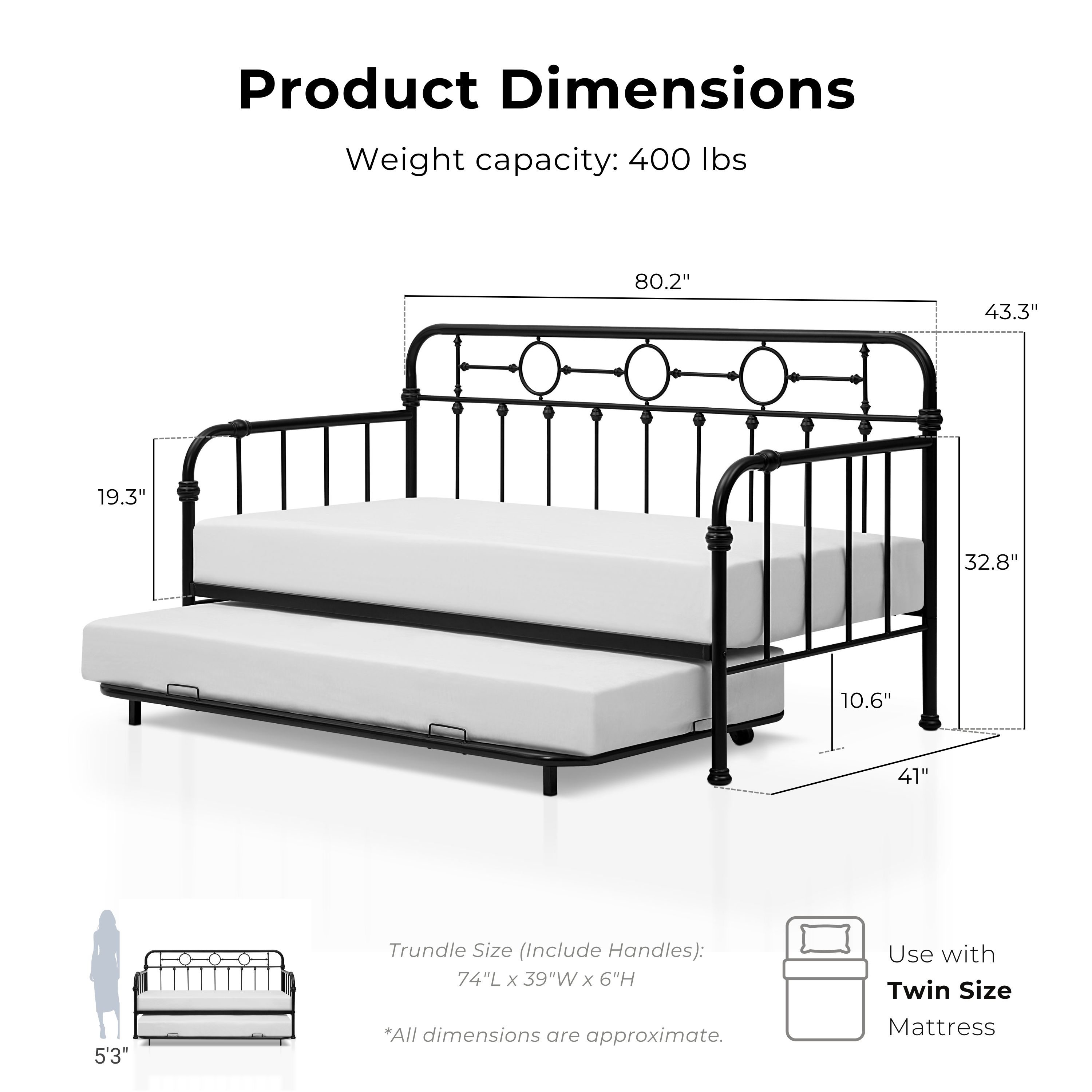 Furniture of America Willow Metal Daybed with Trundle Set, Black