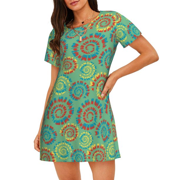 Fotbe Colourful Tie Dye Bata de Dormir para Mujer con Estampado, Camisón de Algodón de Manga Corta, Ropa de Dormir Casual