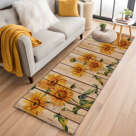 Sunflower Runner Rug 2x6 FT,Non Slip Hallway Rugs,Vintage Summer Botanical Wooden Farmhouse Washable Soft Floor Carpet Throw Runner Carpet Long Rugs for Entryway Kitchen Bedside Sliding Door